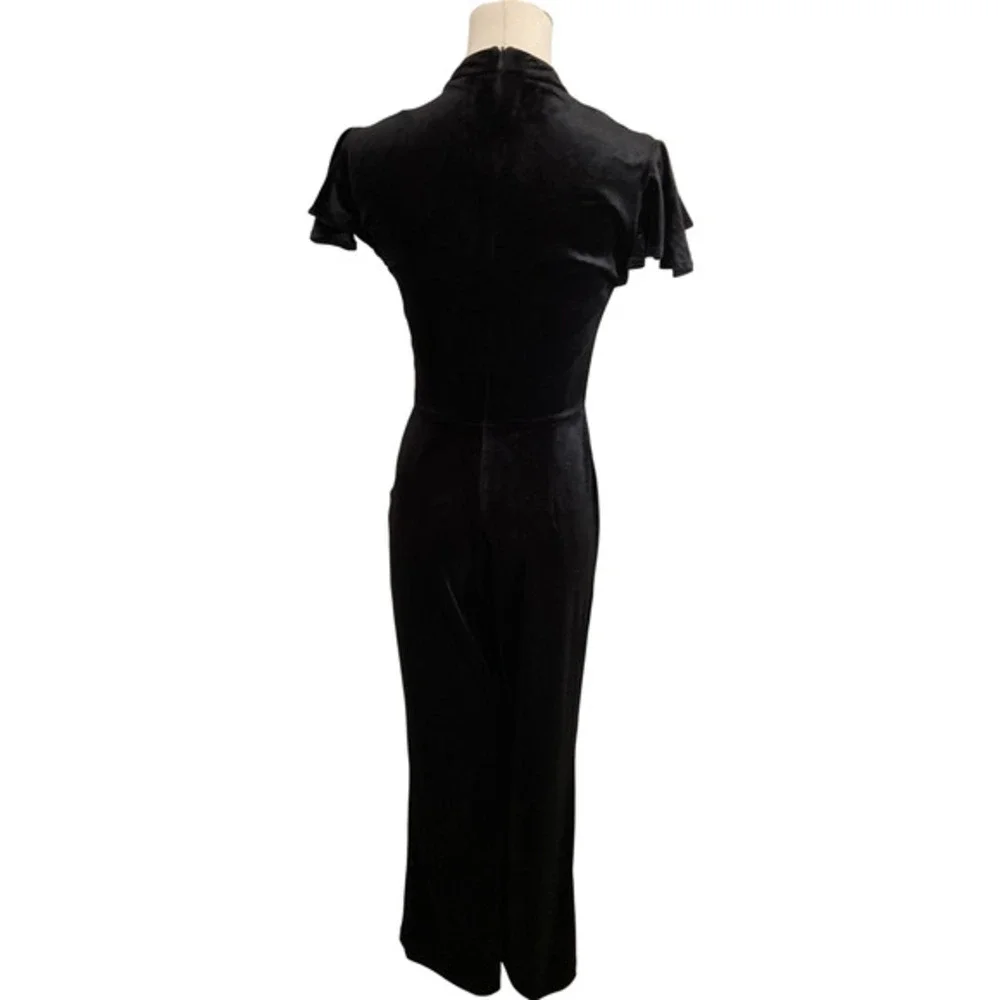 ModCloth Women's Black Velvet Romper XSmall Short Sleeve High Neck Jumpsuit New - Picture 2 of 12